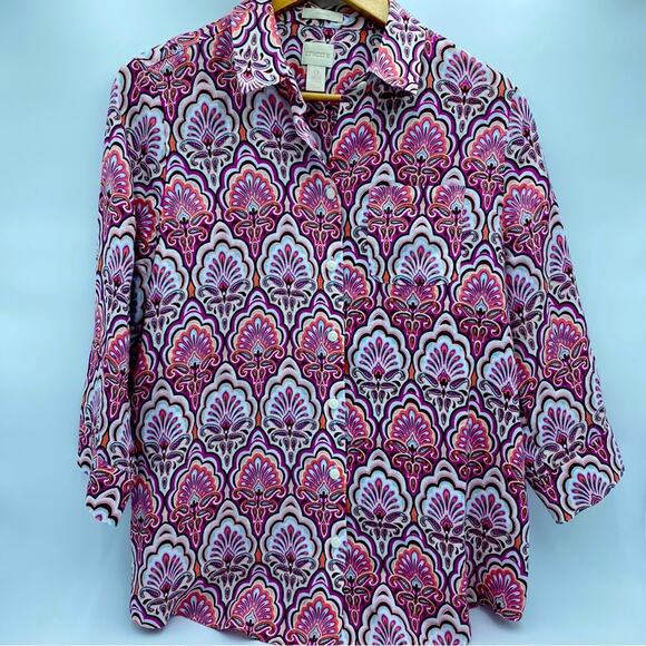 Chicos Linen Blouse Art Deco Print Pink & Purple Small - Picture 1 of 10